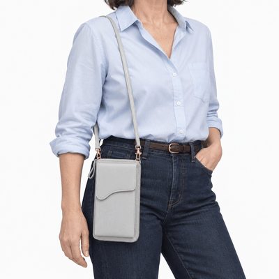 The Sunday Avenue Women's Grey PU Leather Crossbody Phone Bag with Zip Compartments