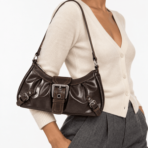 Women’s Synthetic Leather Shoulder Bag with Buckle Detail - Heidi