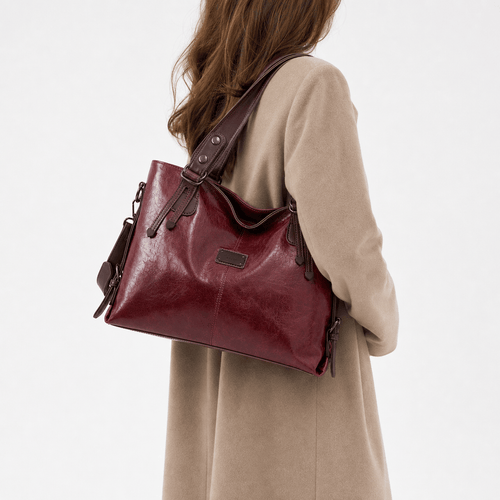 Women's Vintage Burgundy PU Leather Tote Handbag with Shoulder Strap