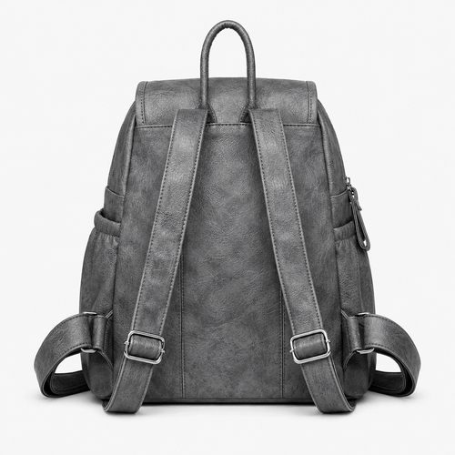 Women's Vintage Grey PU Leather Multi-Pocket Backpack