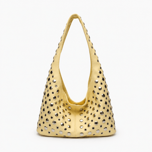 The Sunday Avenue Yellow Vivian Black PU Leather Rivet Hobo Shoulder Bag
